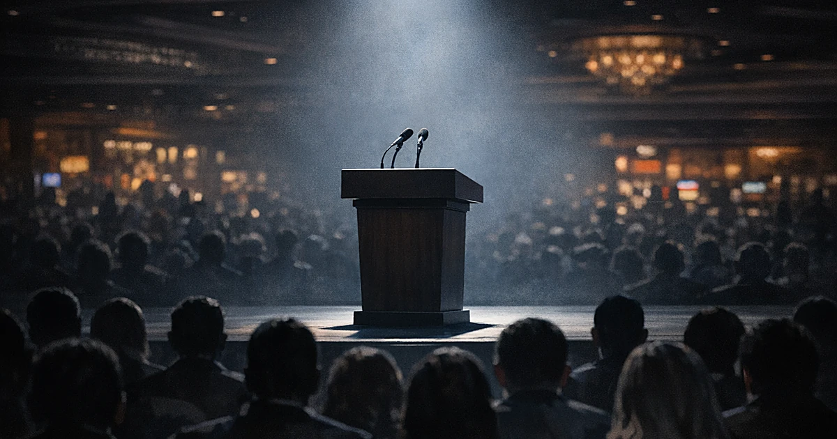 Empty podium under spotlight with silhouetted audience in darkened casino resort venue