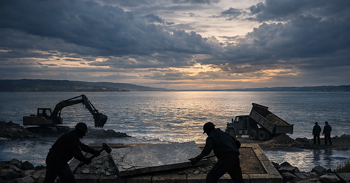 Aerial view of lake with workers replacing nameplate marker at shoreline, construction equipment silhouettes at dusk