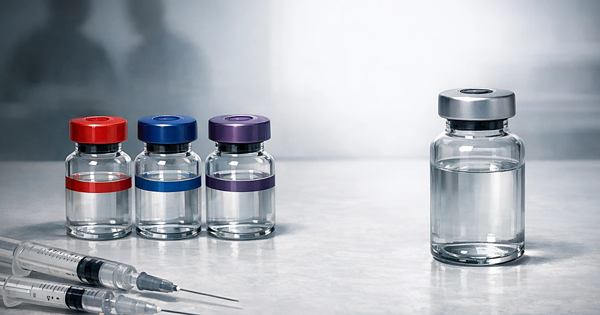 Three separate medical vials with colored bands arranged beside a single combined vial with syringes on white surface