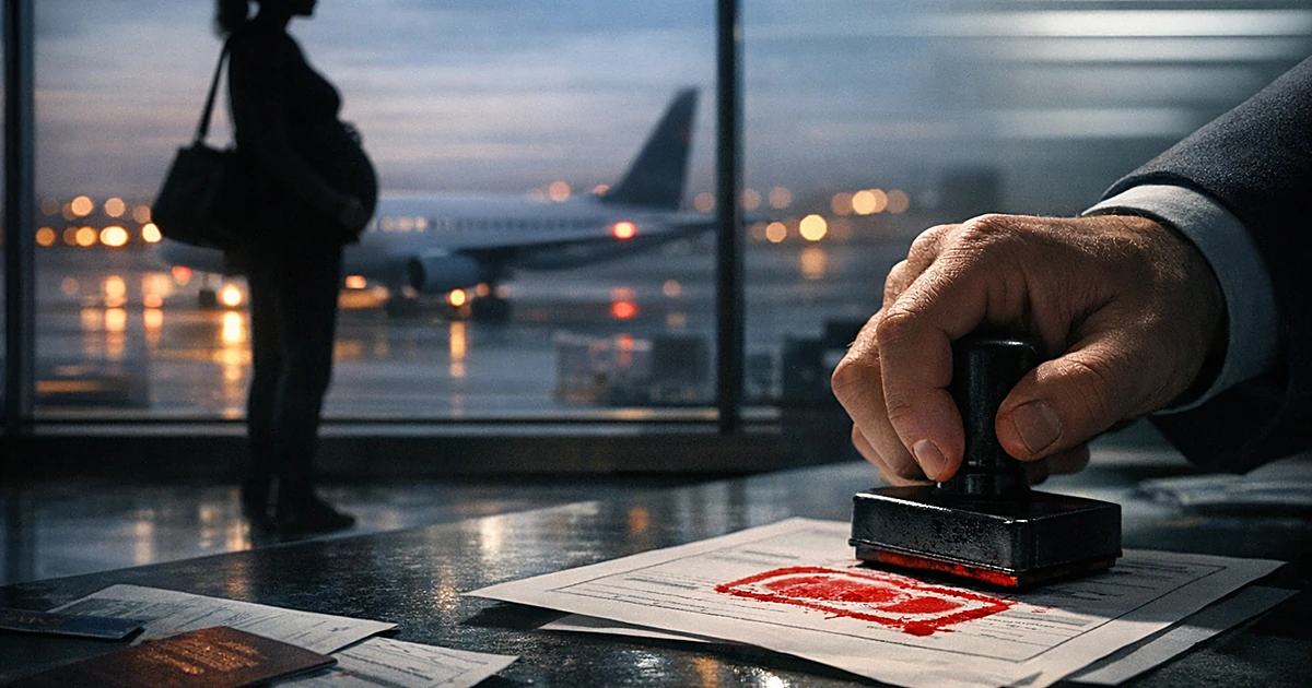 Silhouetted pregnant traveler at airport window with official stamping document with rejection mark in foreground