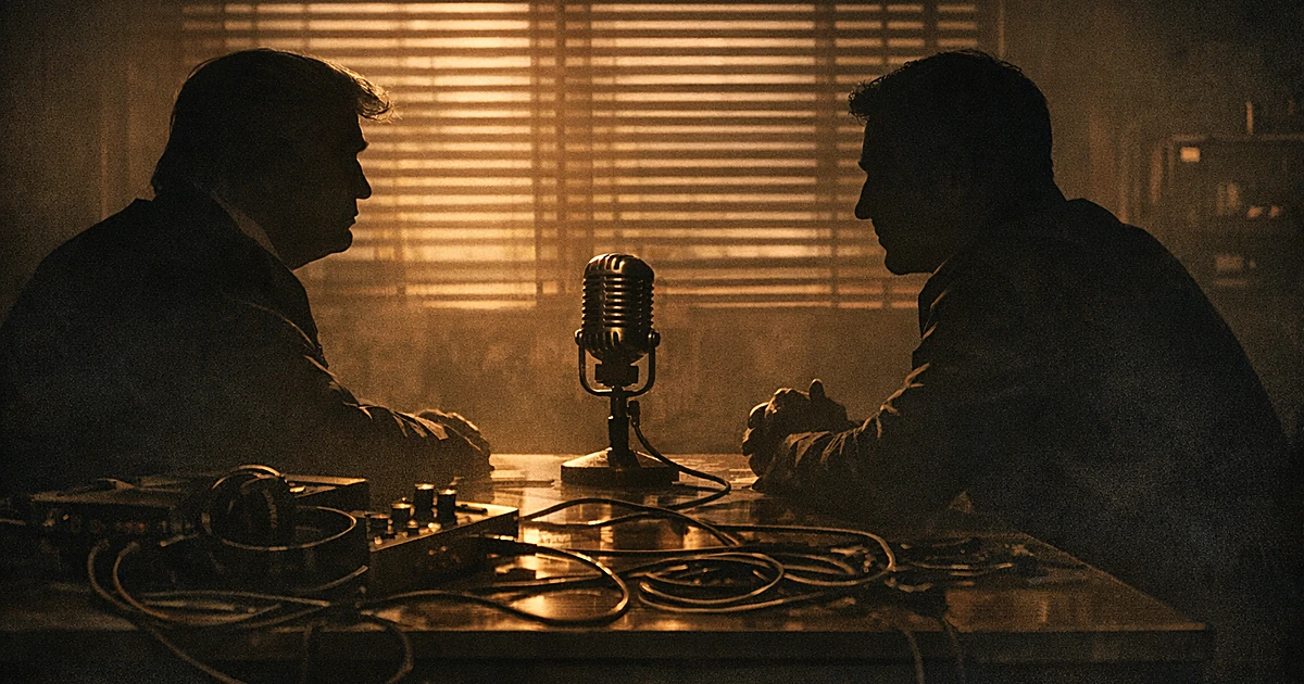 Two silhouettes face each other across a radio studio table with a microphone between them in dramatic lighting