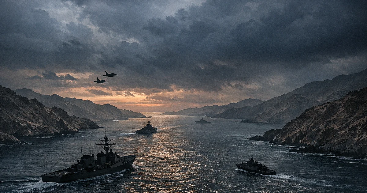 Aerial view of Strait of Hormuz with naval vessels silhouetted in narrow waterway between rocky shores under dark clouds
