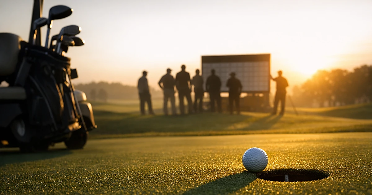 Golf ball near hole on green with silhouetted figures by leaderboard at sunset on championship course