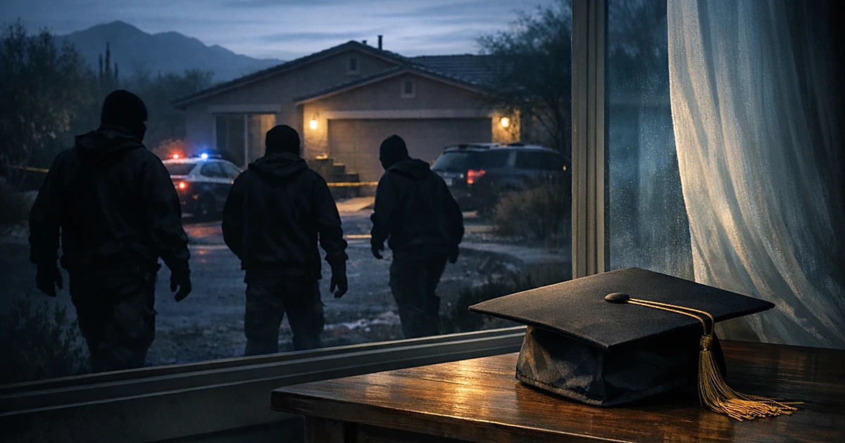 Silhouetted figures in dark clothing near a suburban home at dawn with a graduation cap visible through a window
