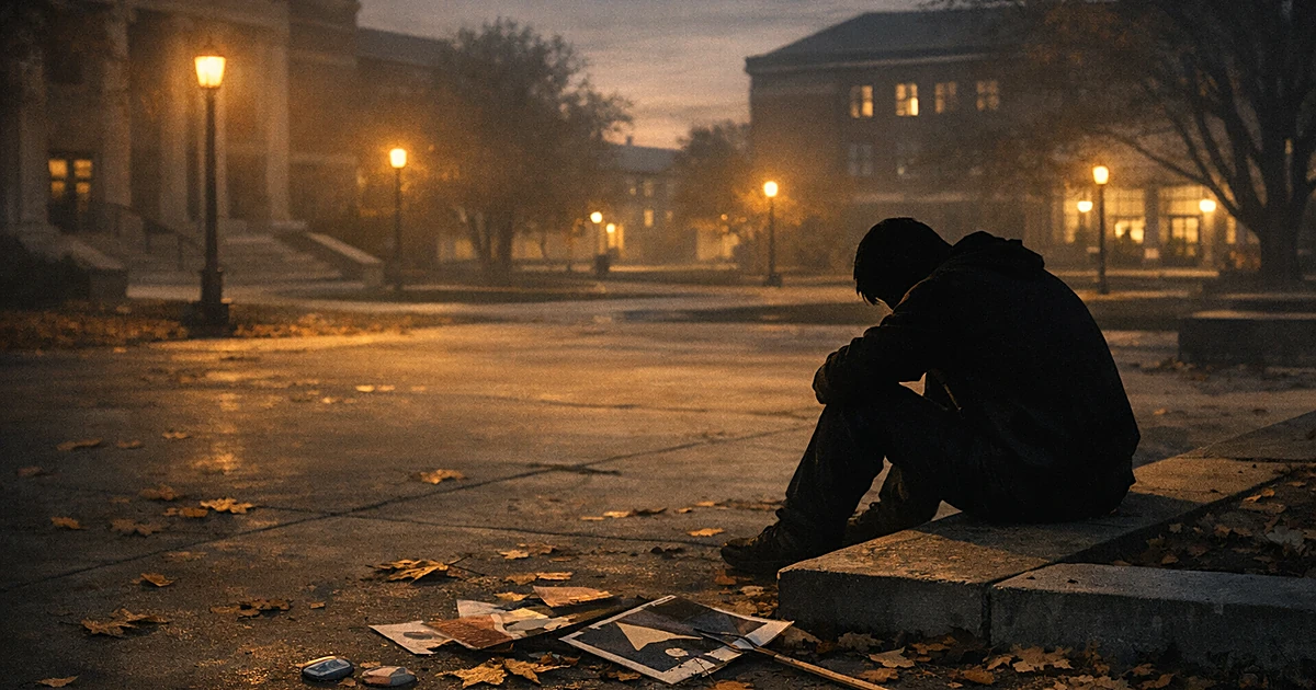 Silhouetted figure sits alone on empty college campus at dusk surrounded by scattered papers and fallen leaves