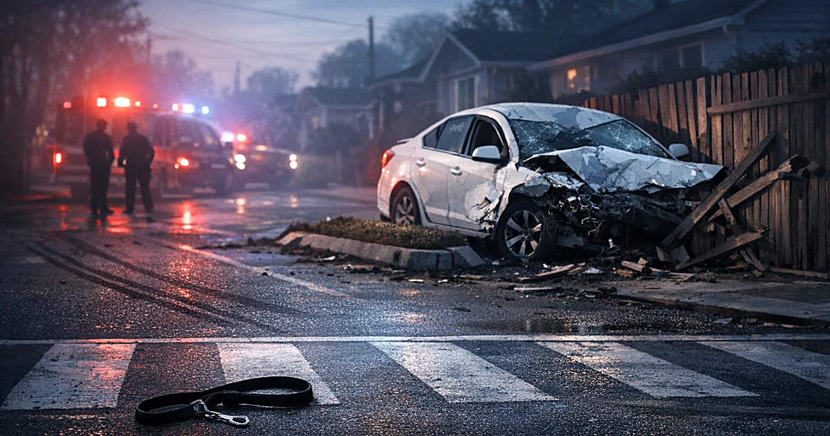 Damaged white car crashed into fence with abandoned dog leash on crosswalk and emergency lights reflecting on street