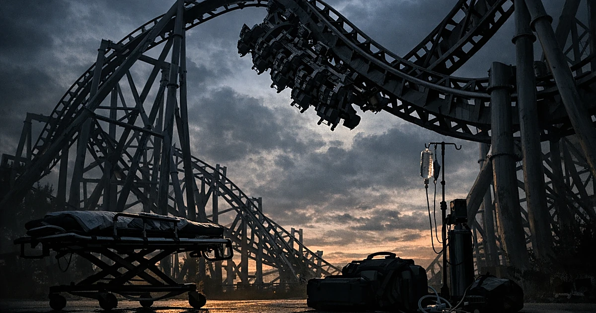 Empty roller coaster with rotating seats looms over medical gurney silhouettes in foreground against dark sky