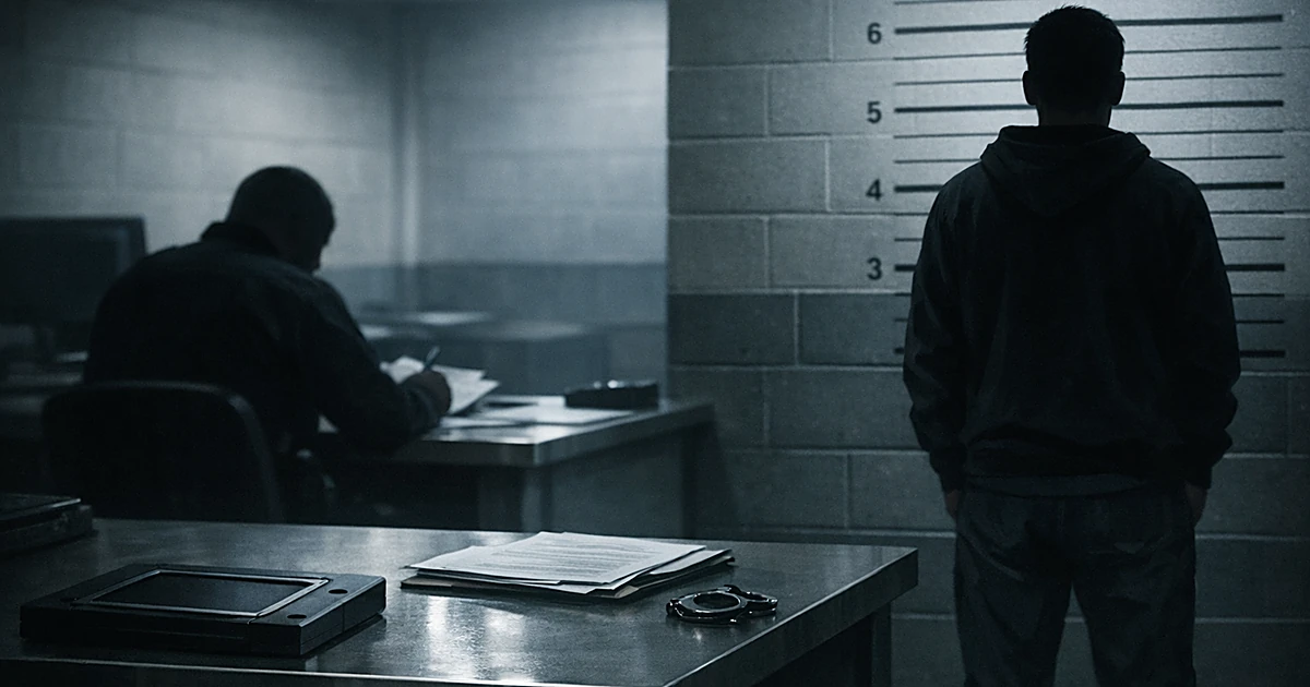 Silhouetted figures in a sheriff's office booking room with harsh lighting and institutional furniture