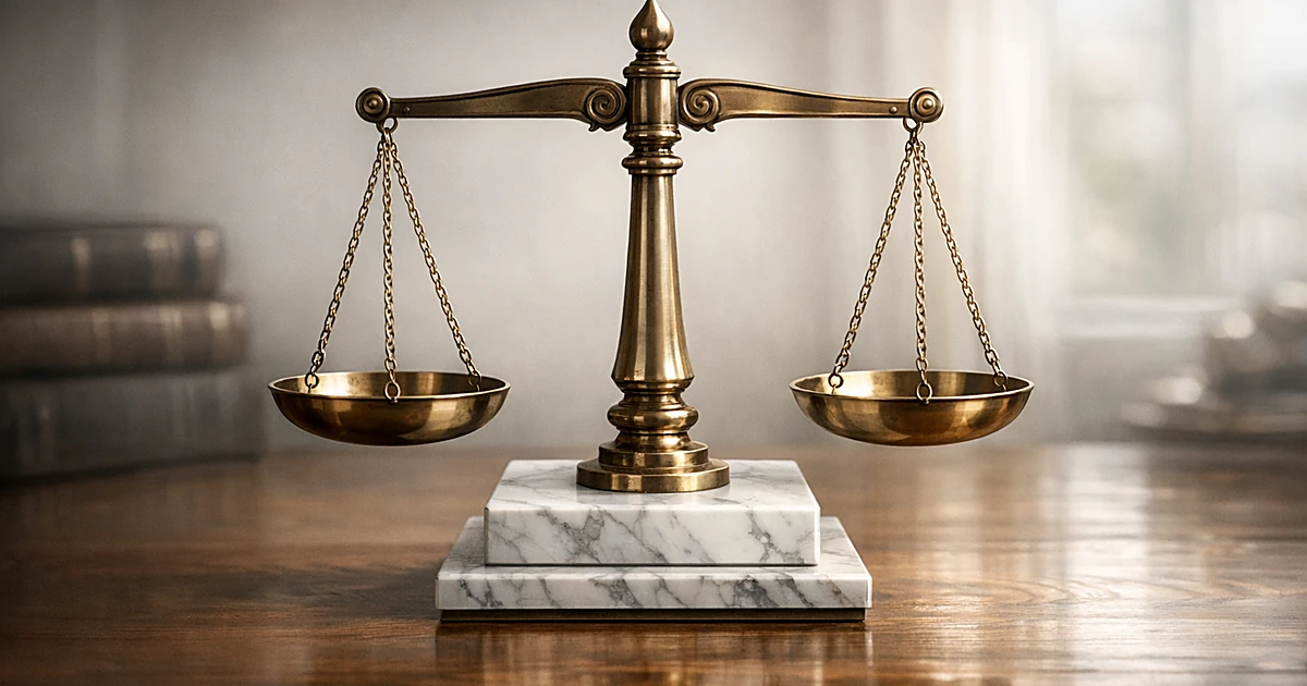 Marble scales of justice on wooden surface with soft natural lighting
