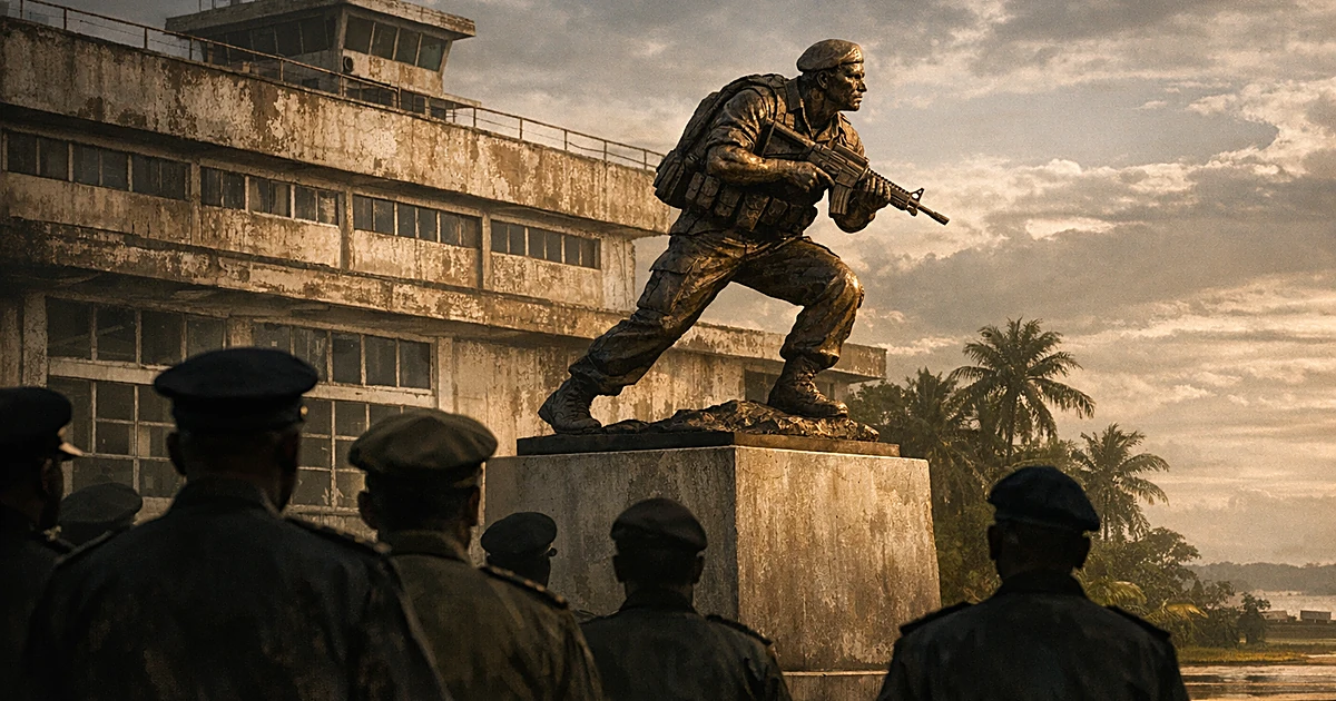 Bronze military statue on pedestal with silhouetted officials viewing it at an airport terminal ceremony
