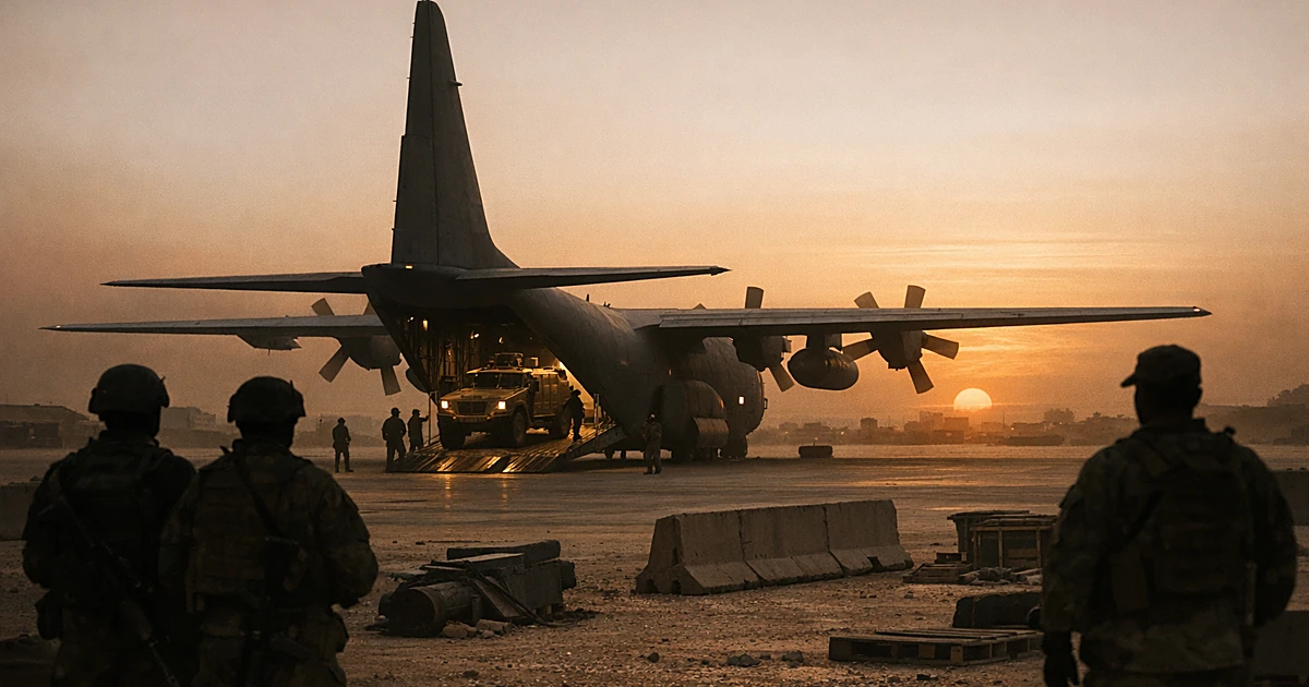 Military transport plane loading vehicles at sunset on desert airfield with soldier silhouettes watching