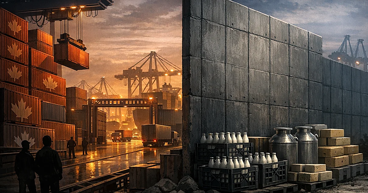 Split scene of shipping port with containers flowing freely on one side, dairy products blocked by barrier on other