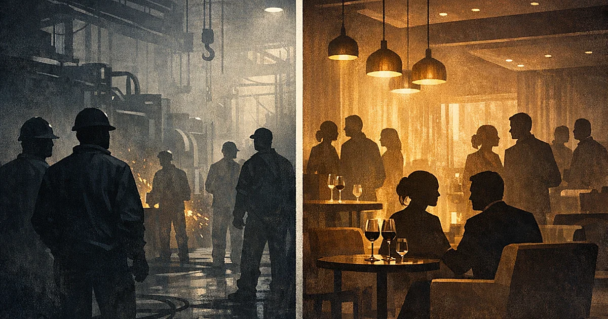Split scene contrasting factory workers in silhouette with affluent gathering, divided by vertical line