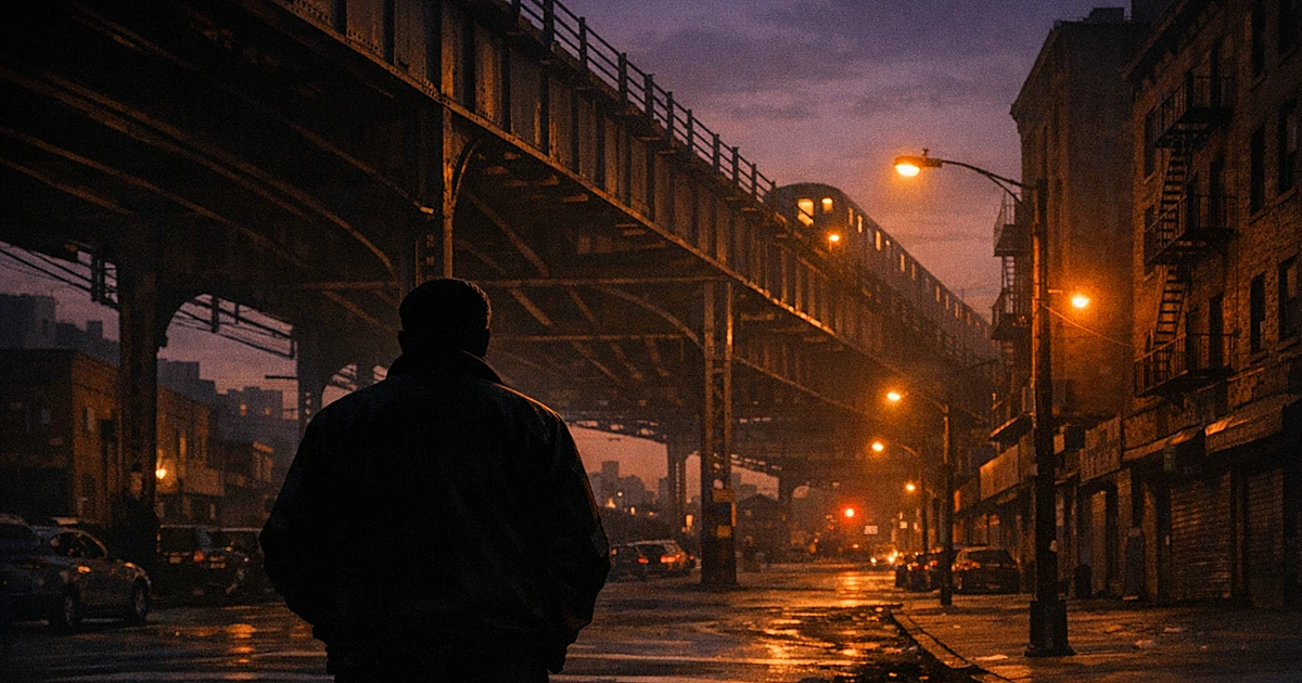 Silhouetted figure stands beneath elevated subway tracks on a Bronx street at dusk with brick buildings