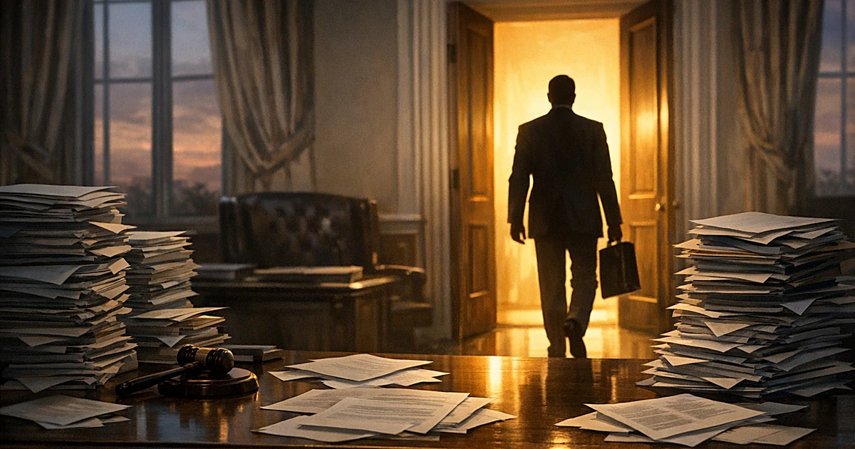 Silhouetted person leaving office desk covered with stacks of documents and legislative papers
