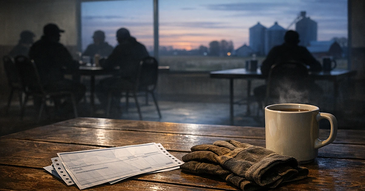 Paycheck stub and work gloves on diner table with silhouettes of people visible through window showing rural farmland