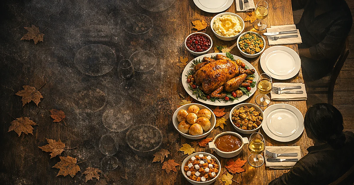 Split Thanksgiving dinner table, half illuminated with food and half fading into darkness with scattered autumn leaves