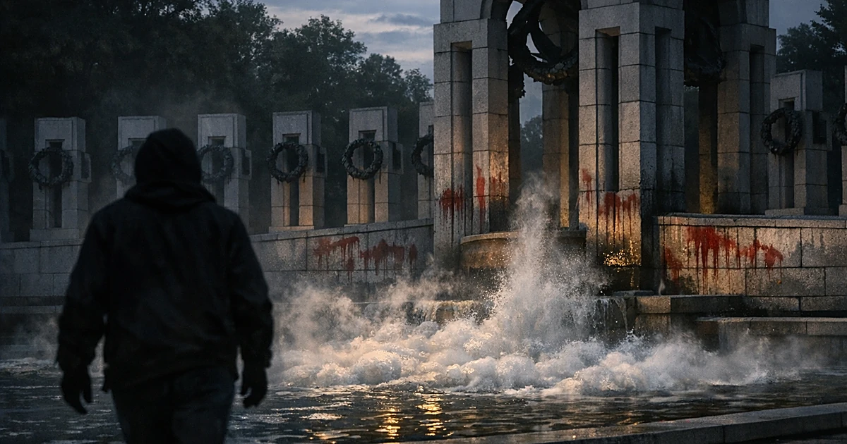 Vandalized memorial fountain with spray paint and clouded water, silhouetted figure walking away at dusk