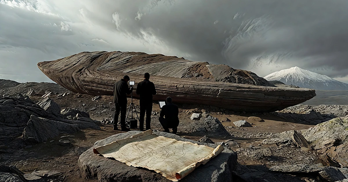 Aerial view of boat-shaped mound in rocky terrain with mountain peak and silhouetted researchers using radar equipment
