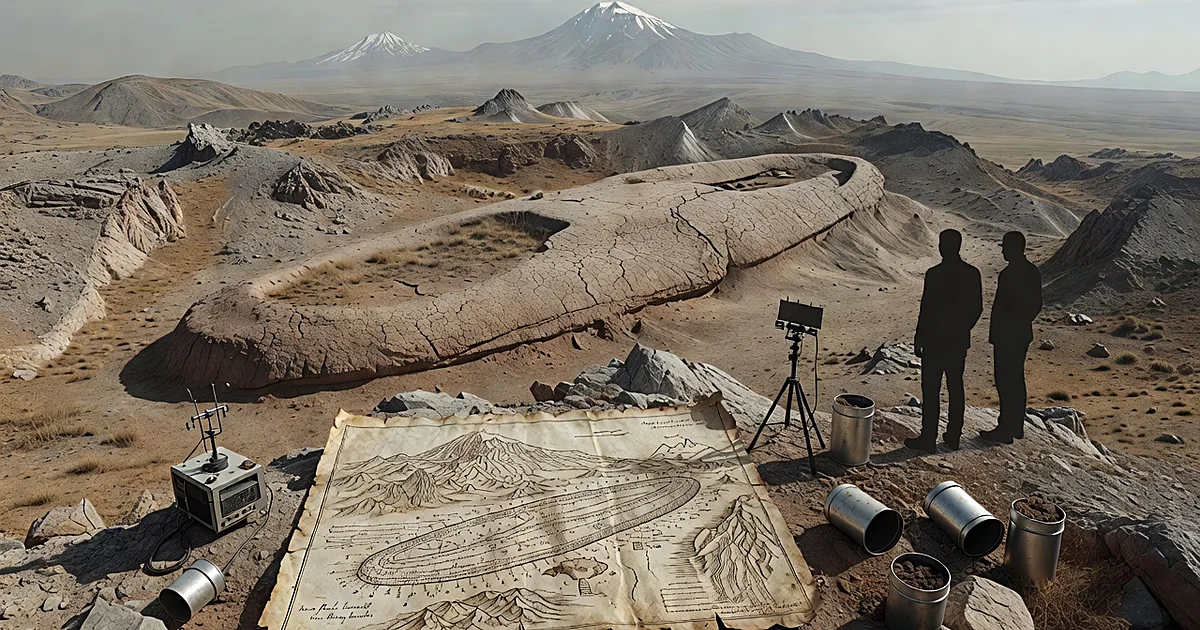 Aerial view of boat-shaped mound with antique map overlay and scientific equipment near mountain range