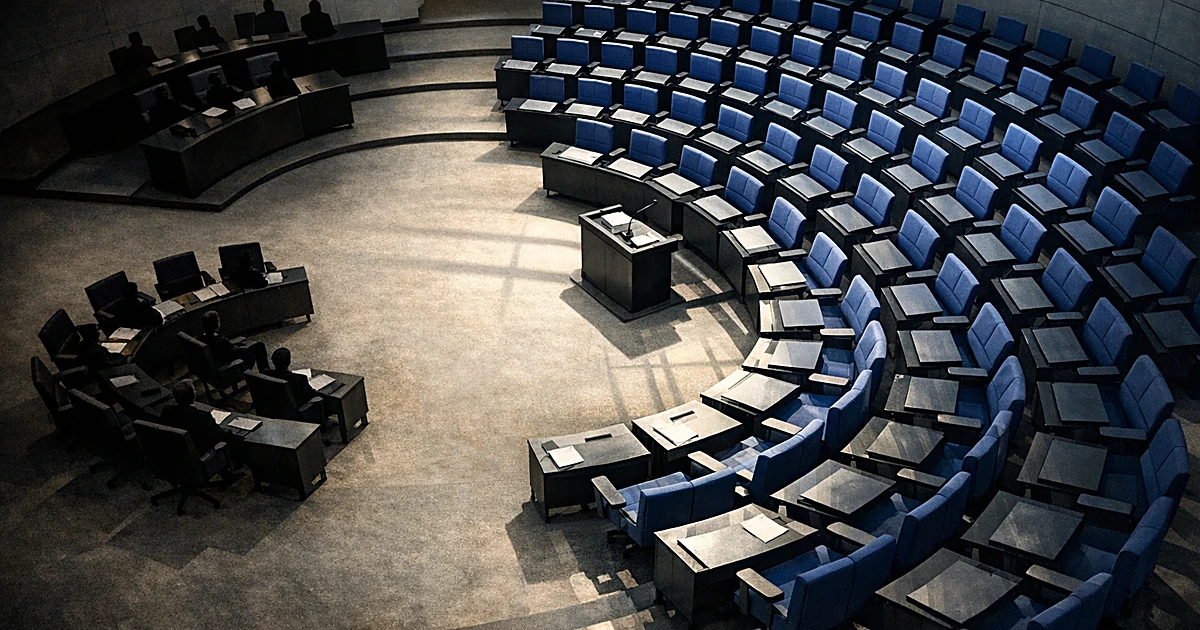 Overhead view of German parliament chamber showing dramatic shift in seat distribution with dark blue dominating