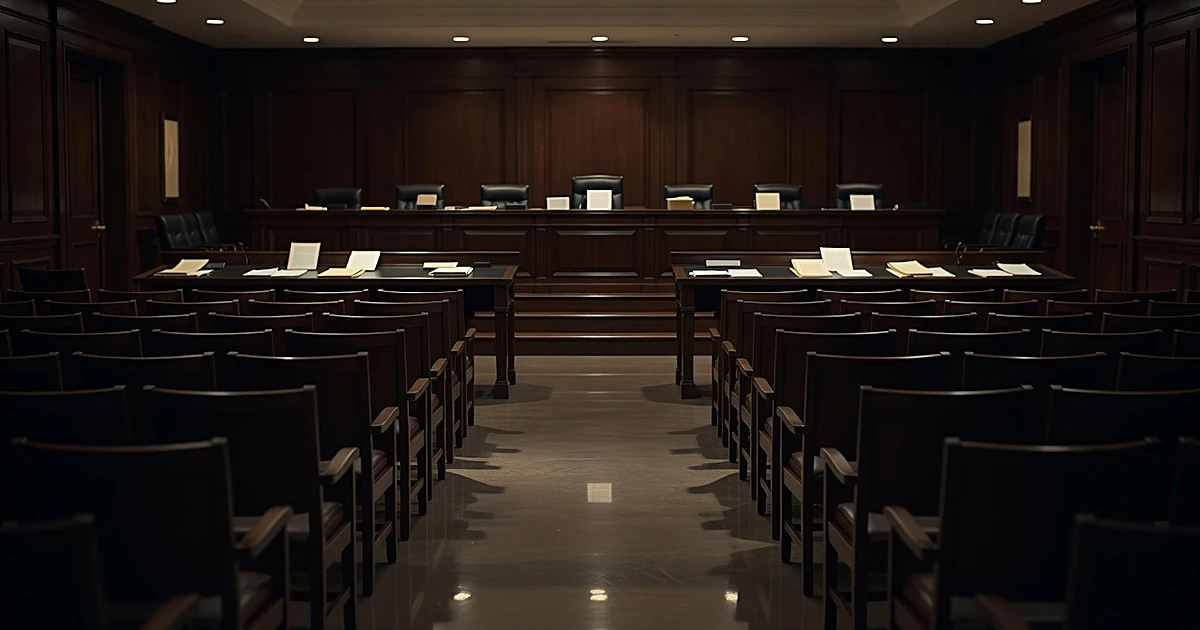 Empty government hearing room with wooden chairs and panel desk, viewed from behind in atmospheric lighting
