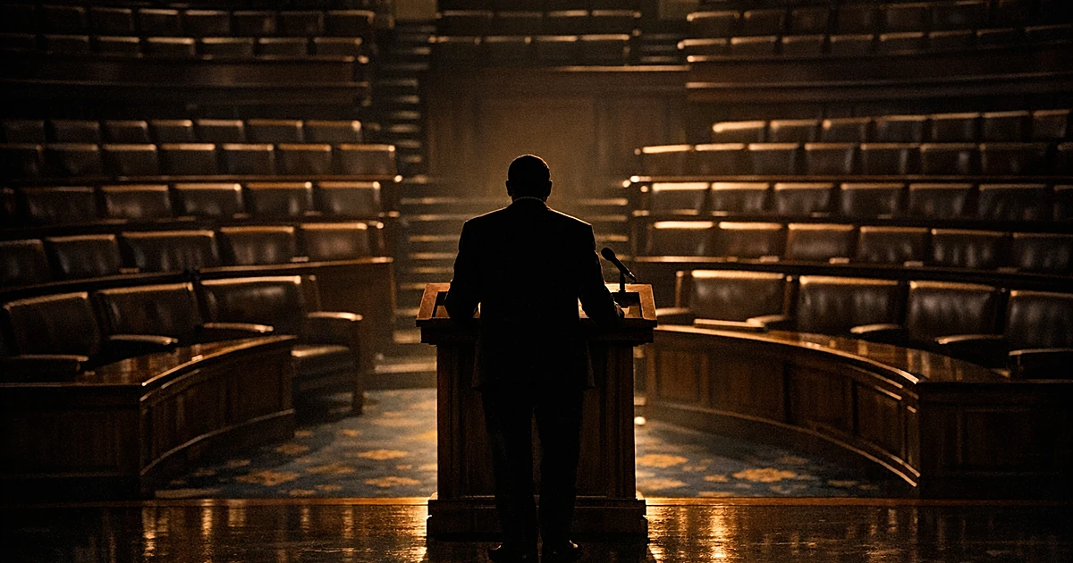 Silhouetted figure at podium in empty legislative chamber with tiered seating, shown from behind