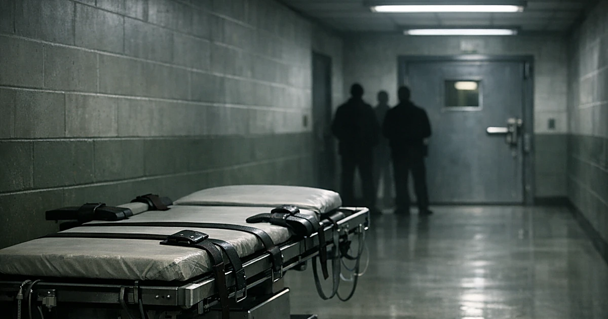 Empty gurney with restraints in a stark institutional corridor leading to a steel door under fluorescent lighting