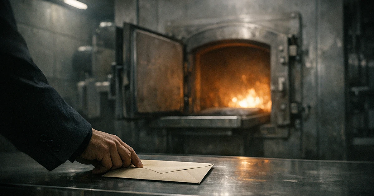 Anonymous hand placing envelope near crematorium furnace in dimly lit facility