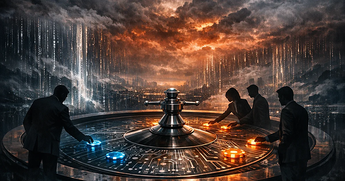 Silhouetted figures gambling at a circuit-patterned roulette wheel against a dark digital landscape with storm clouds