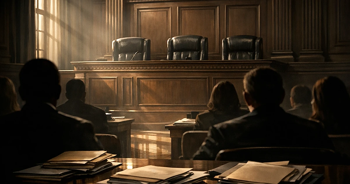 Courtroom interior with three judicial chairs and silhouetted observers, depicting federal appeals court proceedings