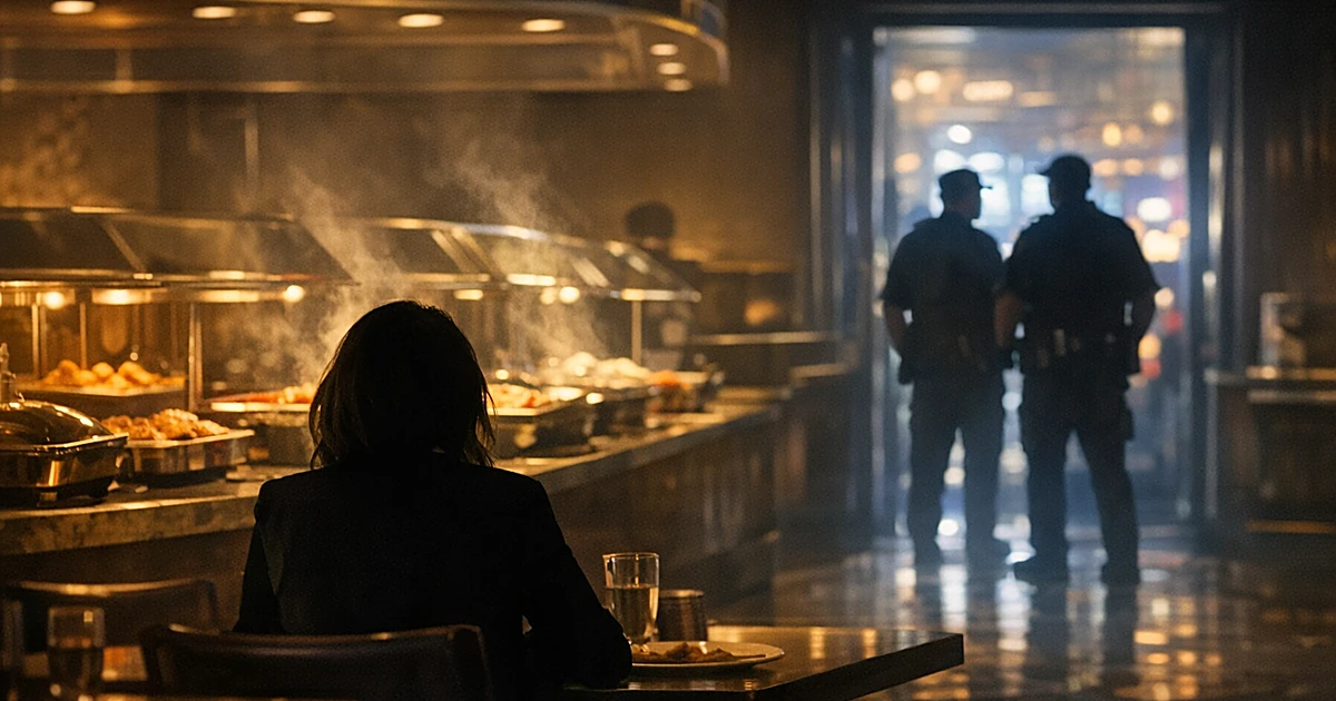 Silhouetted person at buffet table with two uniformed figures standing in background near restaurant entrance