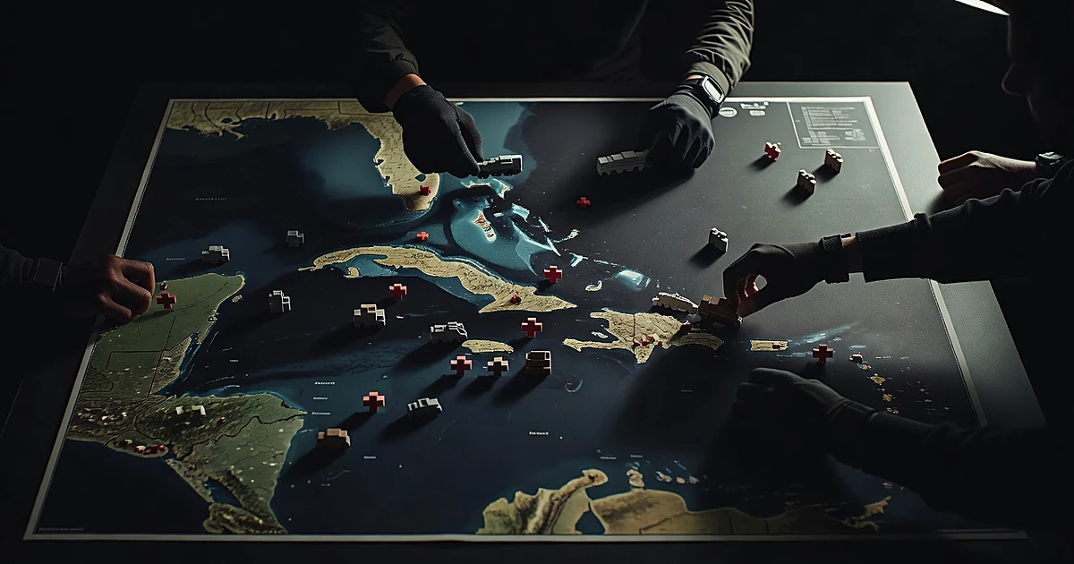 Overhead view of military planning table with Caribbean map and unit markers being positioned by silhouetted hands