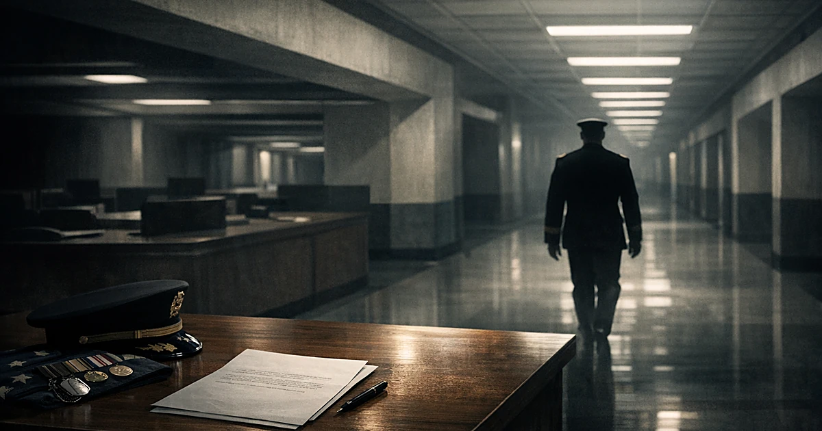 Military figure walking away from Pentagon corridor, empty desk with resignation letter in foreground