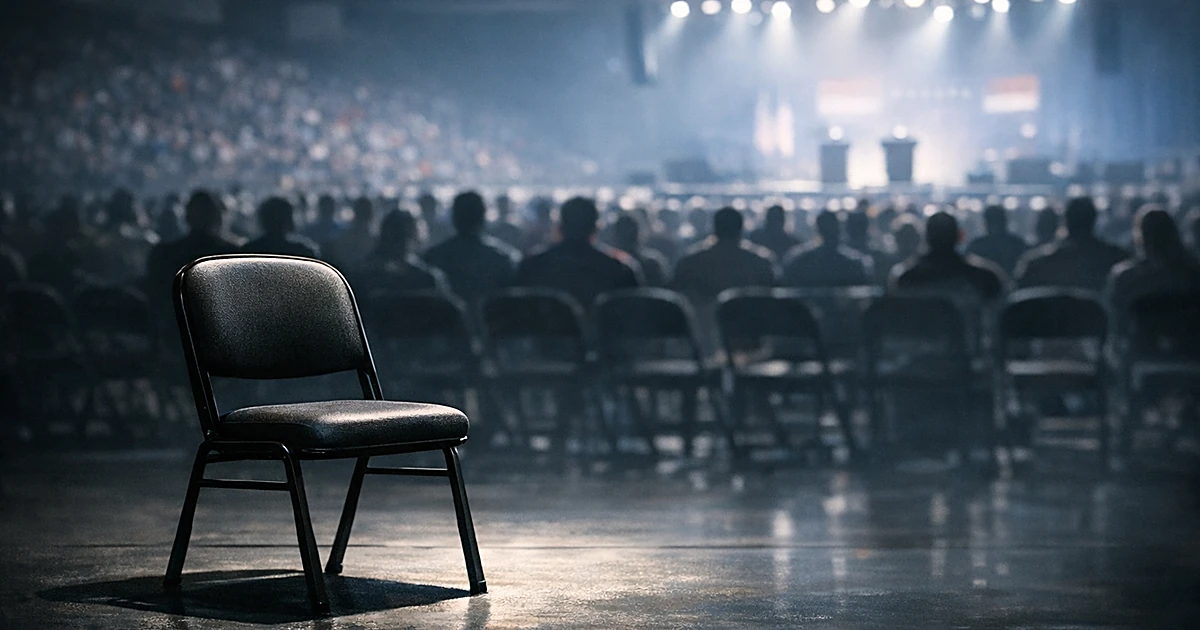 Empty chair in foreground of crowded arena with silhouetted audience facing distant stage