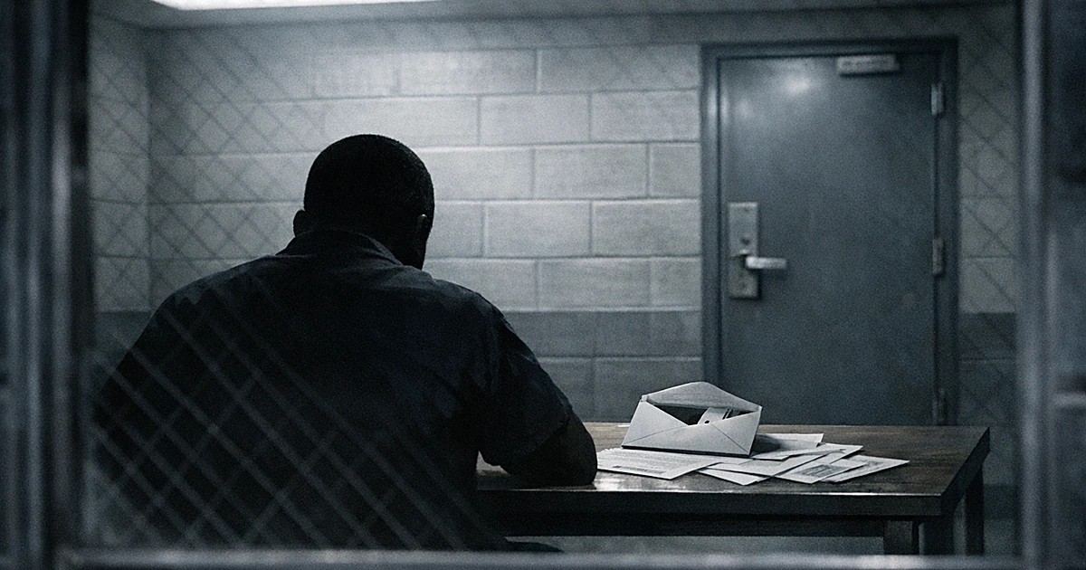 Silhouetted person at table with ballot materials in institutional detention room viewed through window