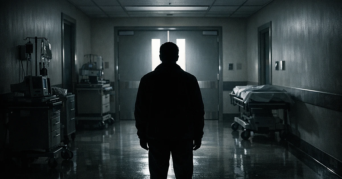 Silhouetted figure standing alone in empty hospital corridor at night with harsh fluorescent lighting