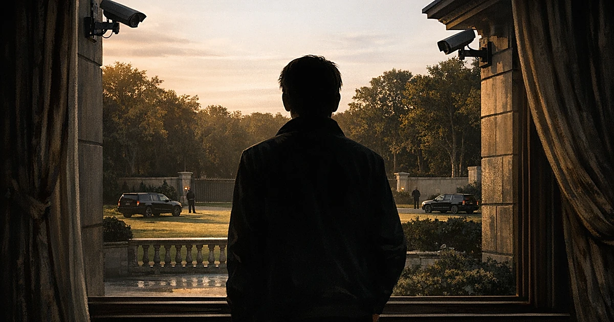 Silhouetted figure at window of estate surrounded by security vehicles and cameras amid trees and walls