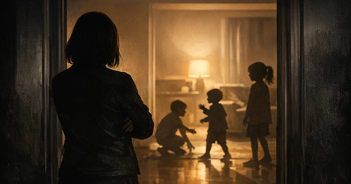 Silhouette of woman in protective stance watching children play in warmly lit interior space
