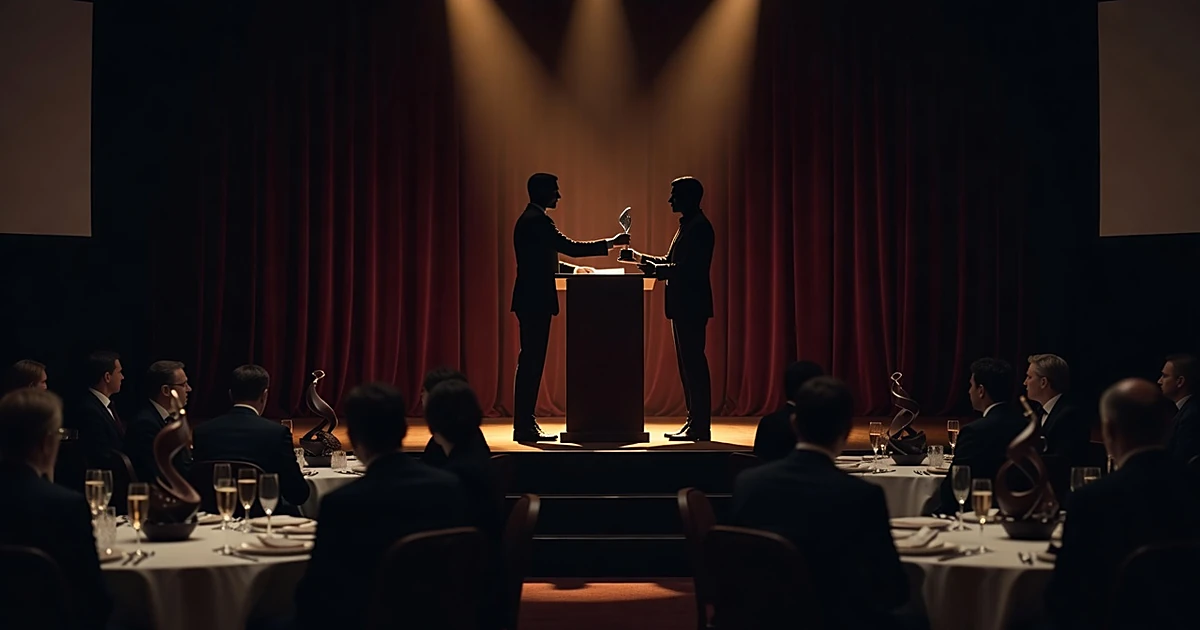 Silhouetted figures on stage at formal gala, one presenting award to another, with audience at decorated tables