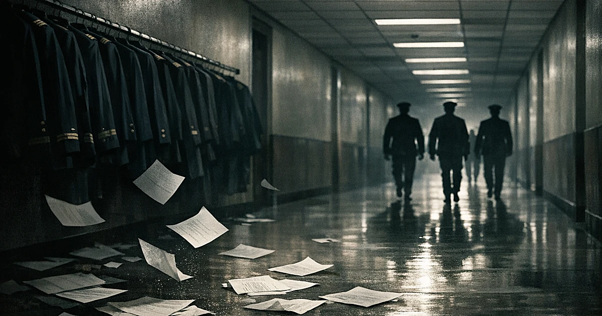 Empty military uniforms line a dark Pentagon hallway as silhouetted figures walk away amid scattered documents