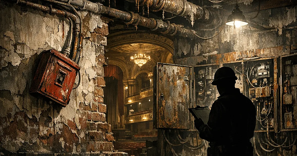 Deteriorating theater backstage with rusted pipes, peeling paint, and silhouetted inspector examining damaged infrastructure