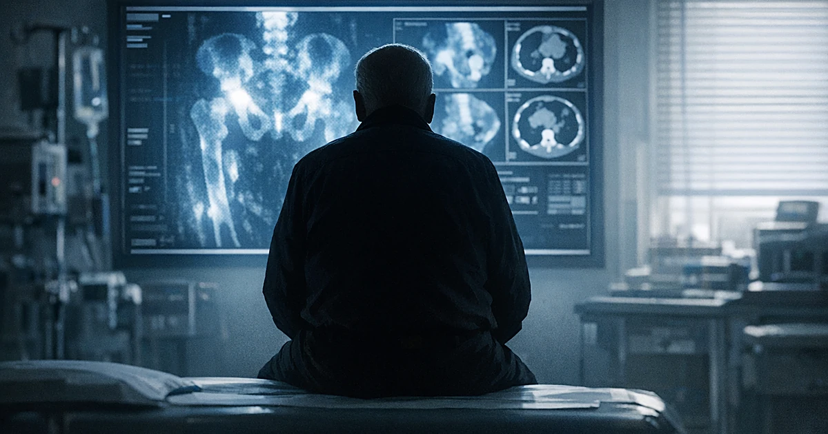 Silhouetted patient from behind facing illuminated medical imaging screen in examination room
