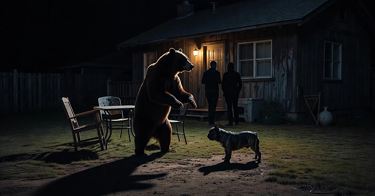 Silhouette of black bear confronting French bulldog protecting two people in dark backyard at night