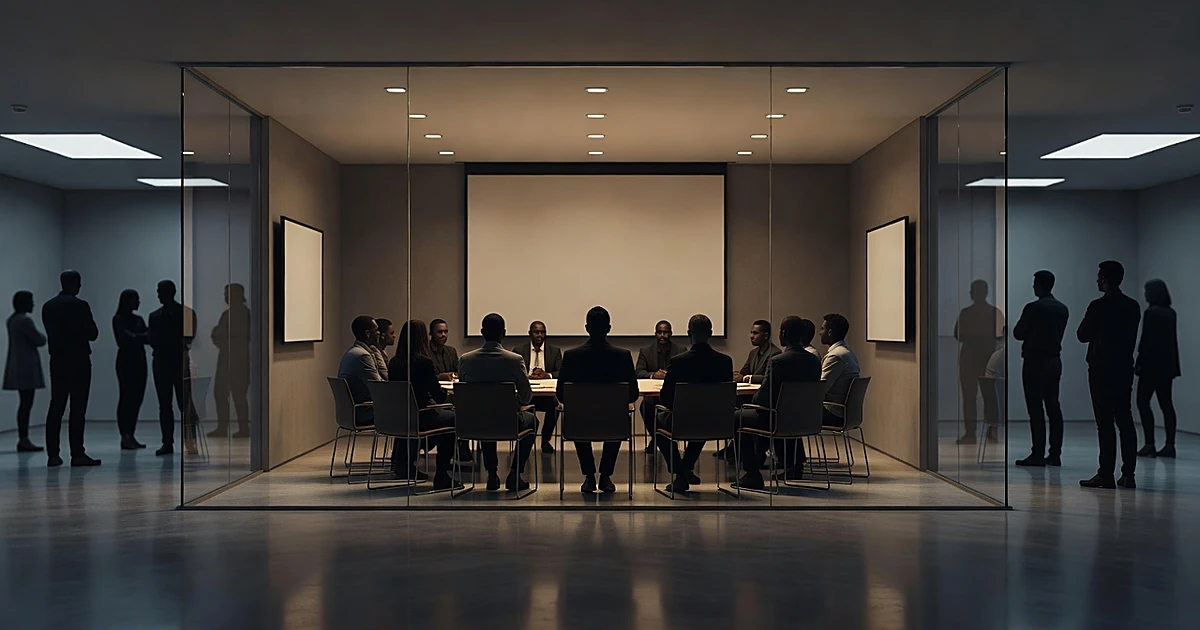 Silhouettes in conference room separated by glass from figures standing outside in municipal building interior