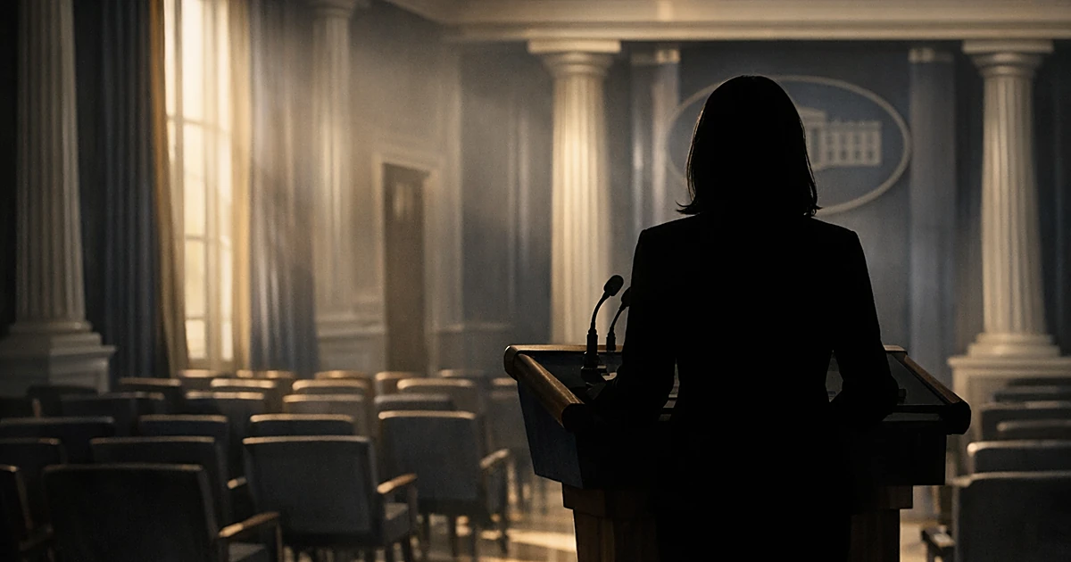 Silhouetted figure at podium in formal government briefing room with empty press chairs and afternoon light