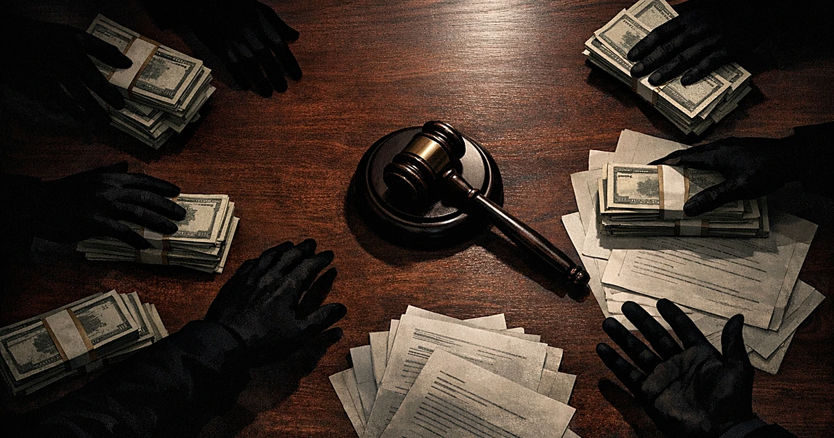 Overhead view of desk with cash stacks, legal documents, and gavel surrounded by reaching silhouetted hands