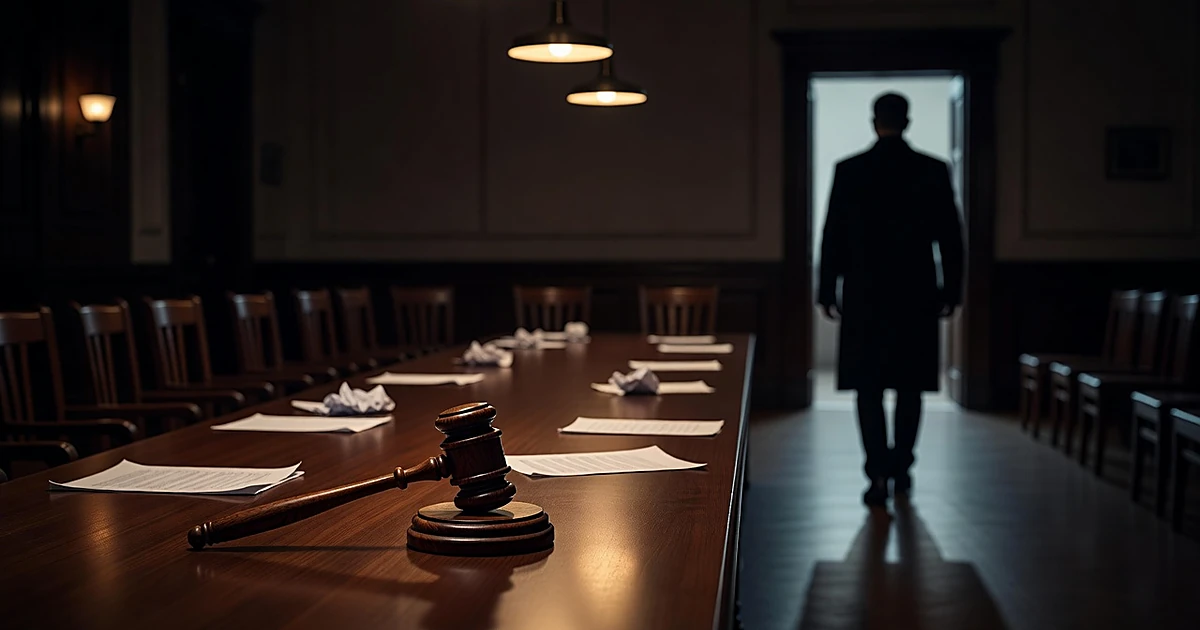 Silhouetted figure walking away from gavel and empty chairs in meeting chamber