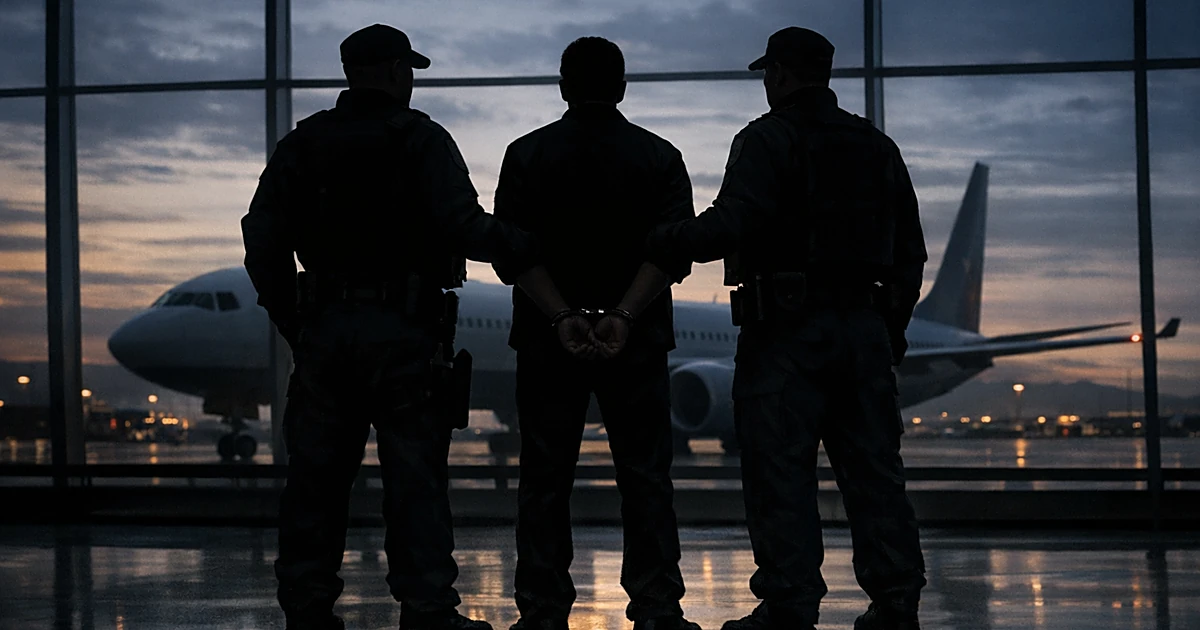 Silhouetted person detained by officials in airport terminal with plane visible through windows