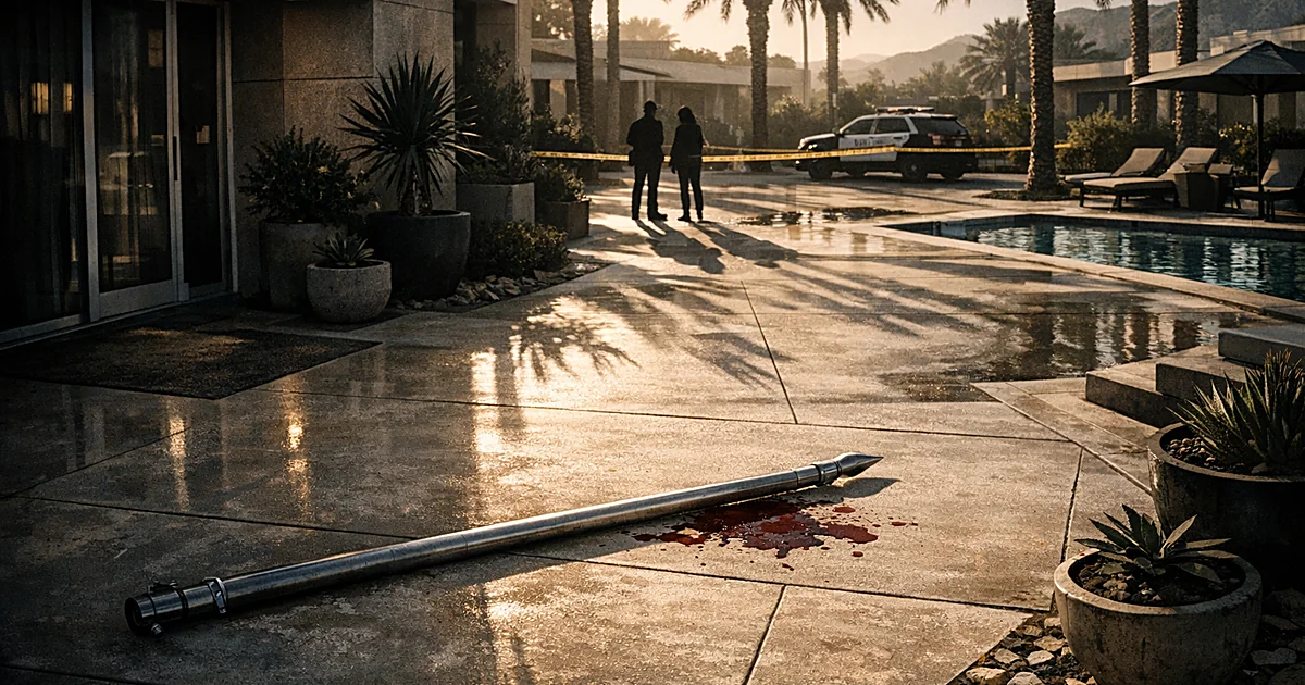 Overhead view of luxury condo courtyard with flagpole lying on ground near entrance at dawn in Palm Desert setting